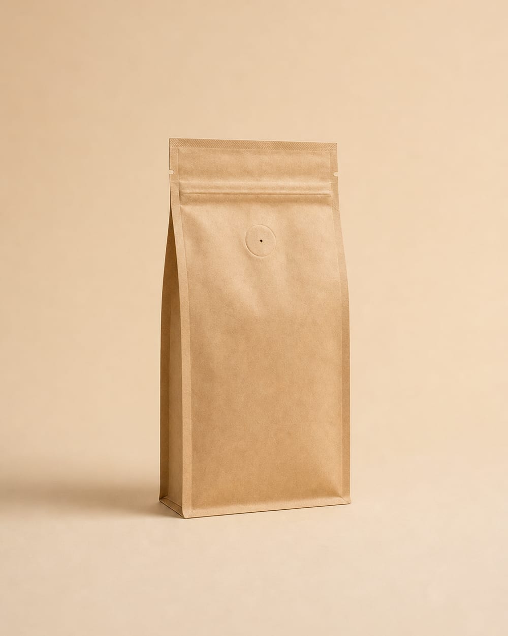Kraft flat bottom coffee bag with a resealable zip and a one-way degassing valve