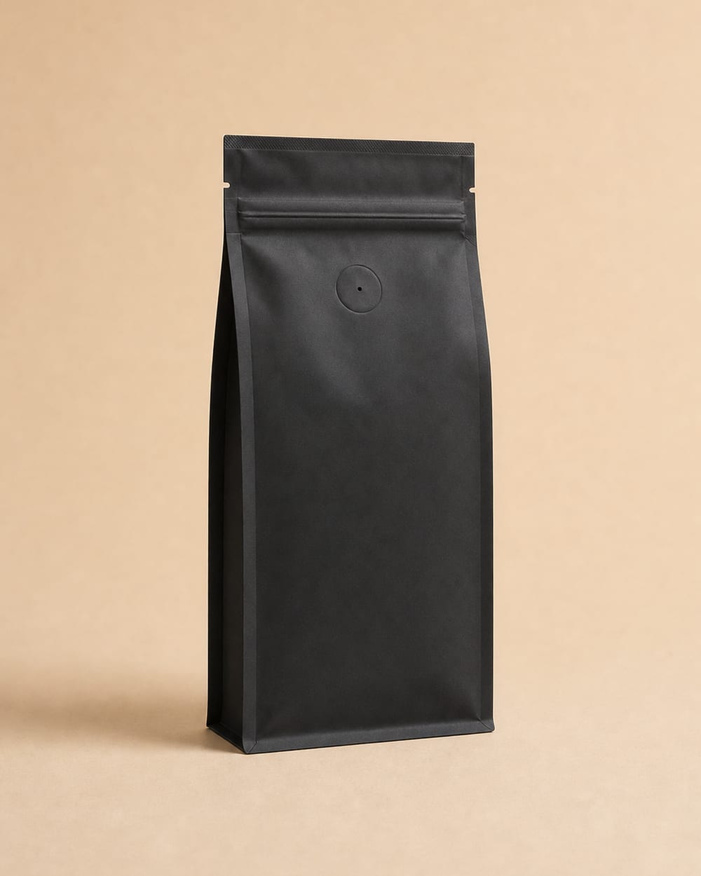 Matt black coffee bag with a flat bottom, zip and degassing valve