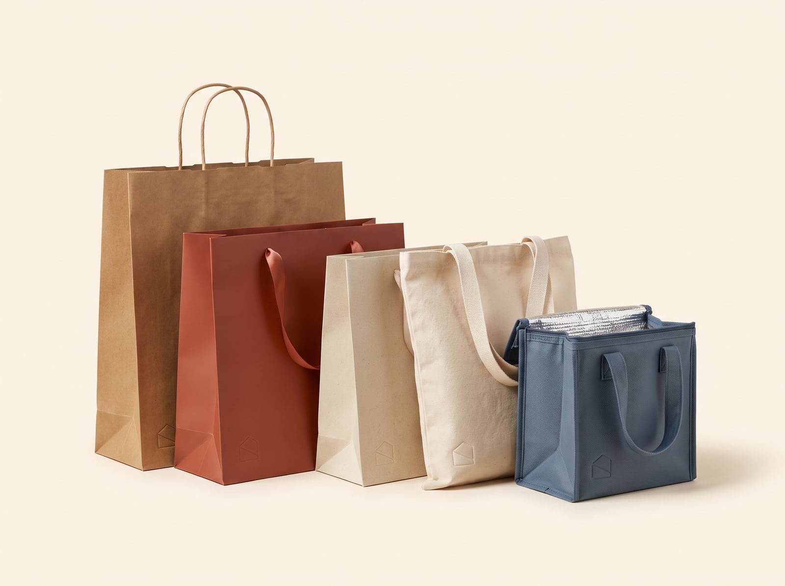 Five custom bags side by side: kraft, terracotta laminated, cream paper, a cotton tote and a blue insulated tote