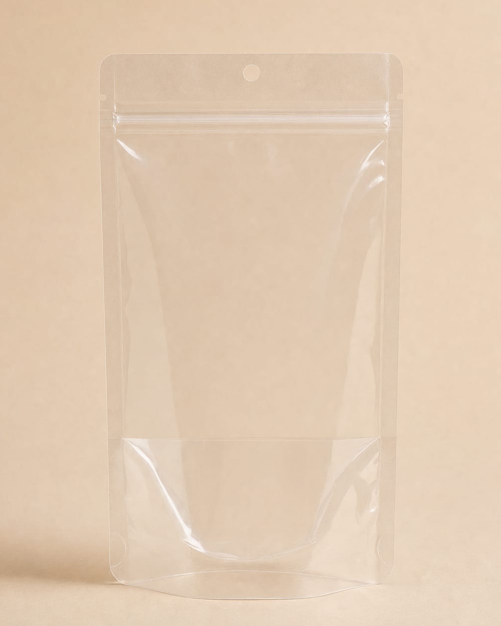Clear stand-up pouch with a resealable zip and a hang hole