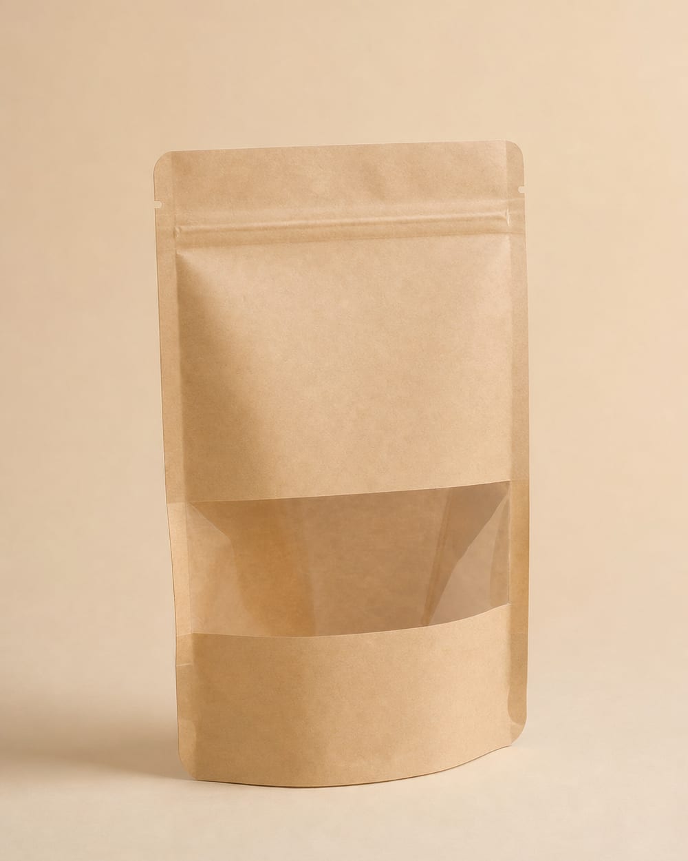 Kraft stand-up pouch with a resealable zip and a clear window across the lower third