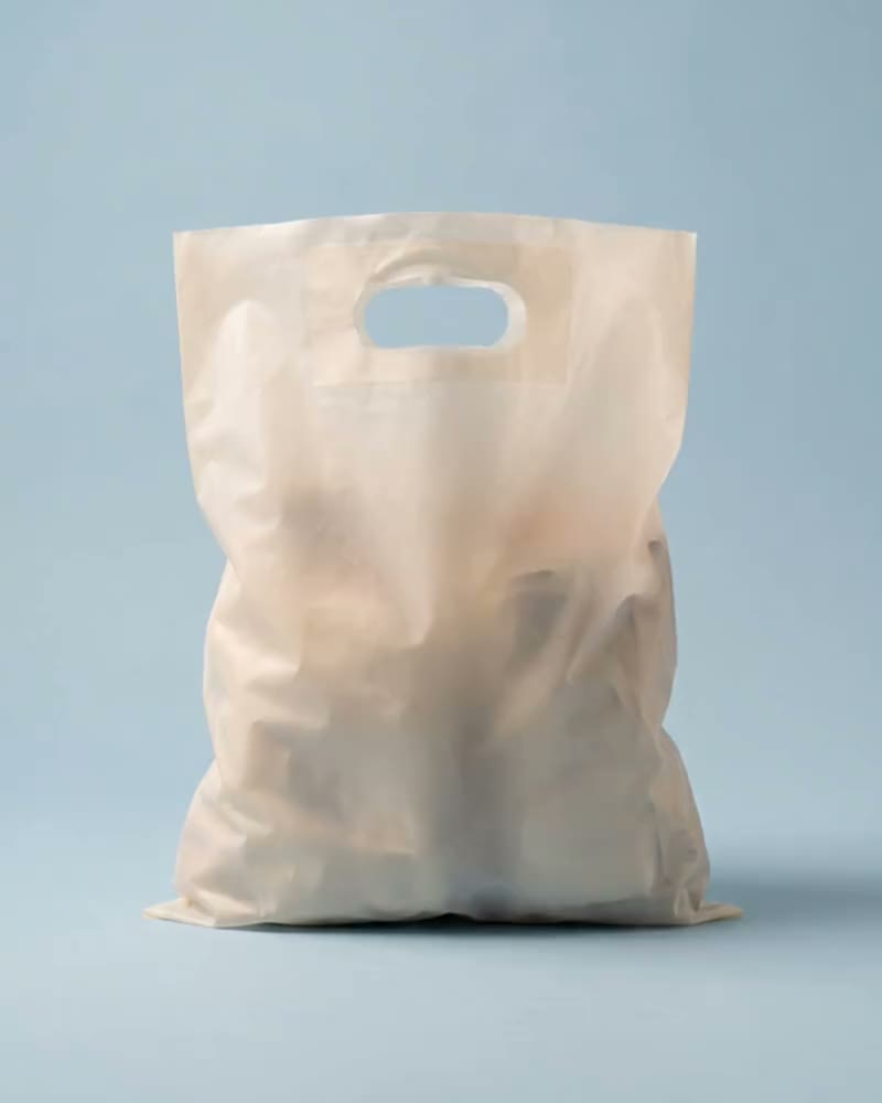 Milky compostable carrier bag with a die cut patch handle