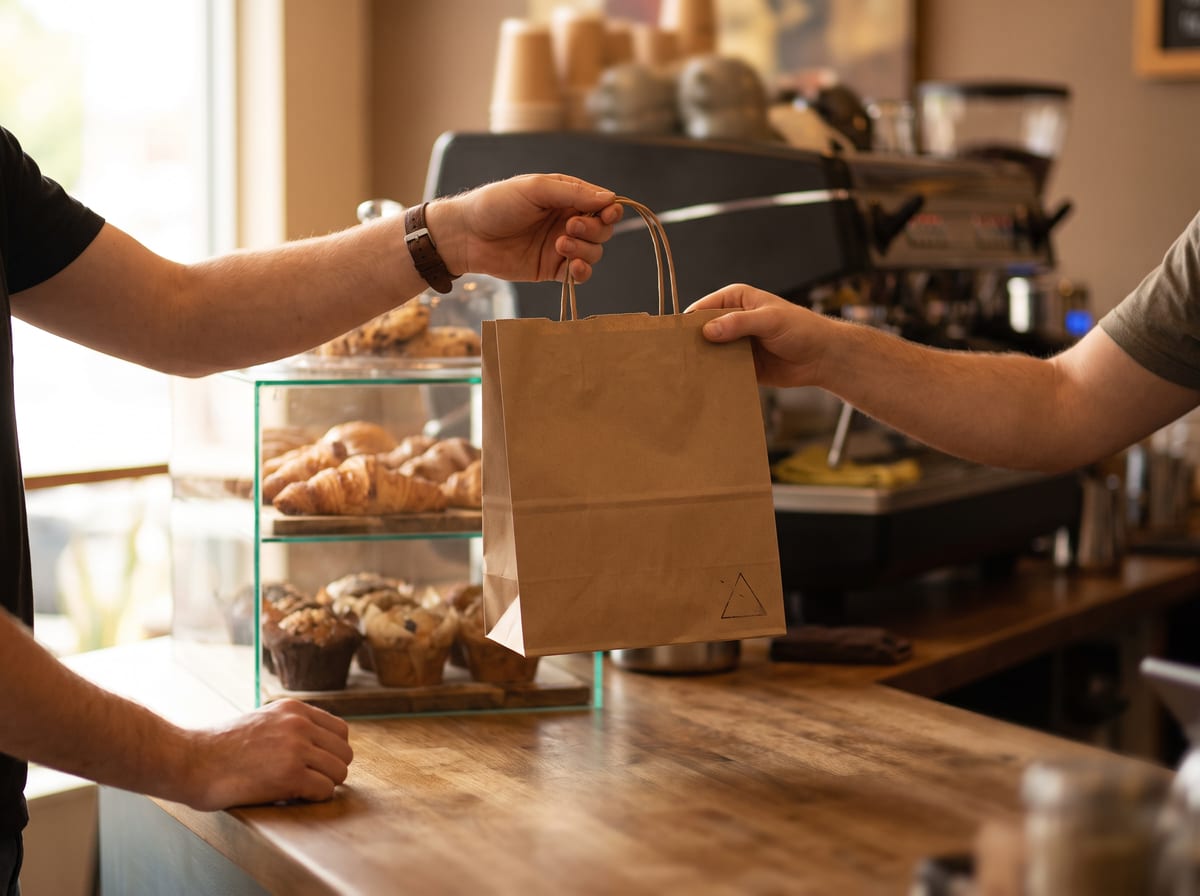 A kraft paper bag with twisted handles handed across a café counter